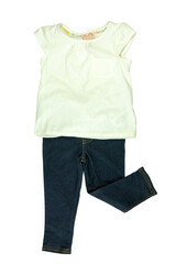 A beautiful bright t-shirt and a dark blue jeans for little girl isolated on a white background. Fashion for children.