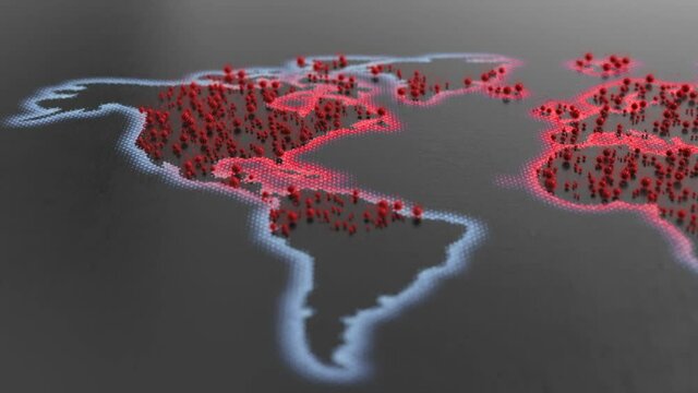 A pan across an illustration a time-lapse showing corona virus starting in hotspots and spreading across the world finally showing the total outbreak