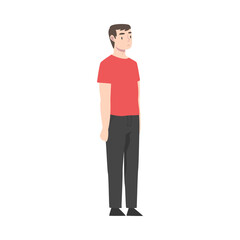 Young Man Wearing Casual Clothes Standing and Waiting Cartoon Style Vector Illustration