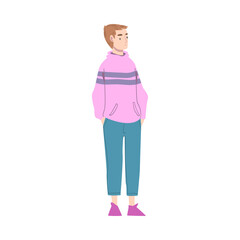 Young Woman with Short Haircut Wearing Fashionable Clothes Standing and Waiting Cartoon Style Vector Illustration