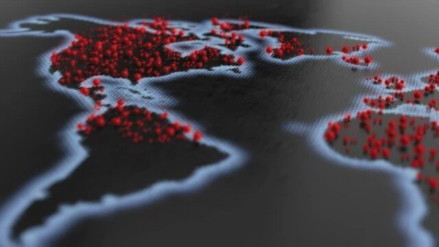 A pan across an illustration a time-lapse showing corona virus starting in hotspots and spreading across the world finally showing the total outbreak