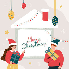 Christmas people and landscape illustrations. Decoration and Tree. 