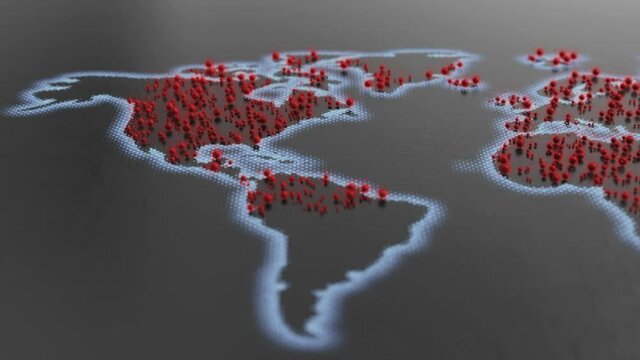 A pan across an illustration a time-lapse showing corona virus starting in hotspots and spreading across the world finally showing the total outbreak