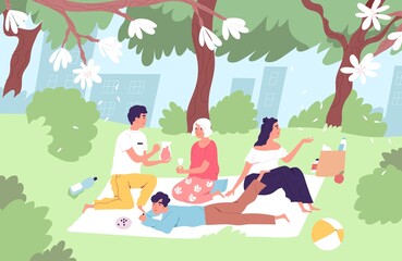 Obraz na płótnie Canvas Happy family relaxing on picnic blanket in city park in summer. Old granny, mom, dad and son spending leisure time together outdoors. People enjoying summertime in nature. Flat vector illustration