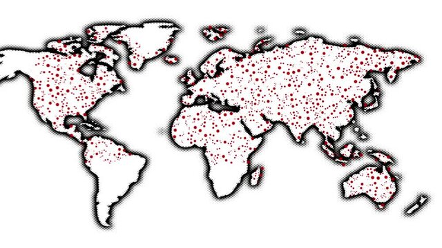 A pan out vector illustration time-lapse showing corona virus starting in hotspots and spreading across the world finally showing the total outbreak