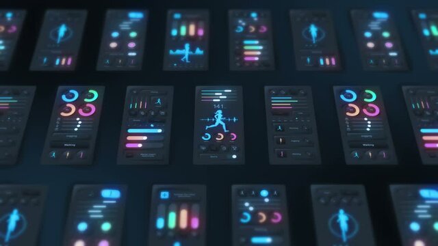 Hi tech panel of fitness application on dark background. Running and sports concept. UI, UX, GUI mobile screens modern infographic. Loop animation.