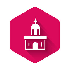 White Church building icon isolated with long shadow. Christian Church. Religion of church. Pink hexagon button. Vector.