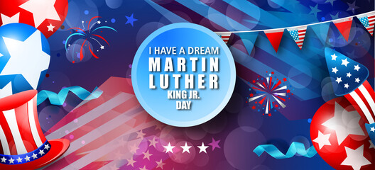 Martin Luther King Jr Day greeting card - I have a dream inspirational quote - with US flag Poster Or Banner Background.