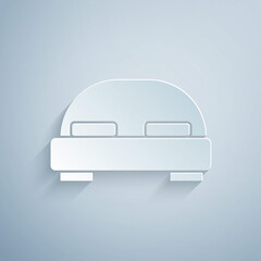 Paper cut Big bed for two or one person icon isolated on grey background. Paper art style. Vector.