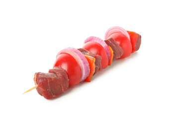 Skewer with raw meat and vegetables isolated on white background
