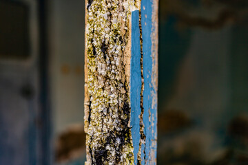 Old house window with rotten walls.