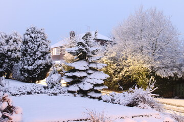 Winter landscape with snow covered trees and a house in the background, West Lancashire England