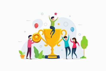Fototapeta premium Teamwork Success Achievement Vector Illustration Concept Showing A Company Team Enjoying A Big Award Trophy