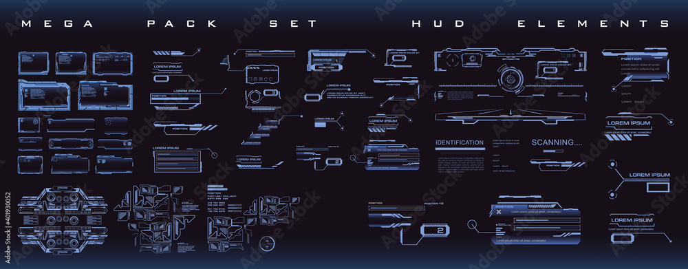 Poster hud elements set.techno-frames, callouts, information blocks, elements of robotics. cyber techno fra