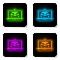 Glowing neon line Laptop with exclamation mark icon isolated on white background. Alert message smartphone notification. Black square button. Vector.