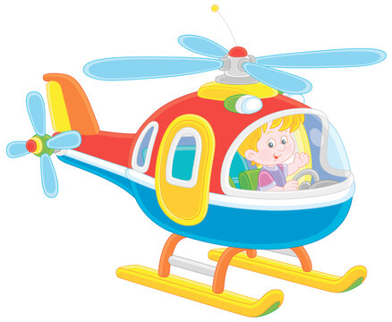 Happy little boy playing and piloting a big and colorful toy helicopter on a playground, vector cartoon illustration on a white background