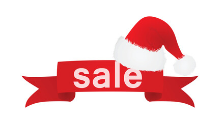 Notice sale on red ribbon with santa hat. vector