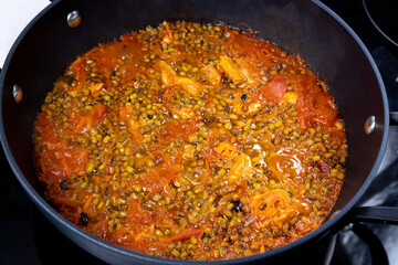 Mung Bean Appetizer, Tasty Food with tomatoes and chicken fillet. cooking