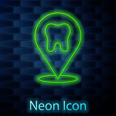 Glowing neon line Dental clinic location icon isolated on brick wall background. Vector.