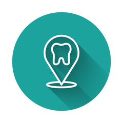 White line Dental clinic location icon isolated with long shadow. Green circle button. Vector.