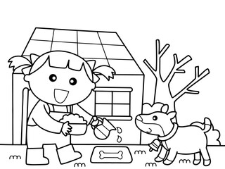 Little girl feed her dog in front of her house without color