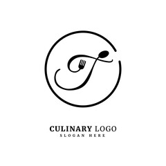 Initial letter T with spoon and fork for restaurant concept. letter T logo, fit for company and culinary business.