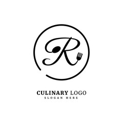 Initial letter R with spoon and fork for restaurant concept. letter R logo, fit for company and culinary business.