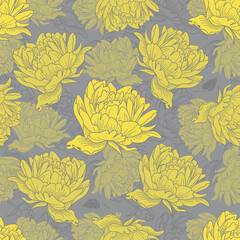Yellow peonies seamless vector pattern. Ultimate Gray and Illuminating - colors of the year 2021. Pantone 17-5104 and 13-0647.