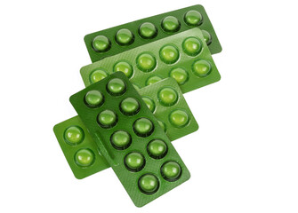 Green blister packs of pills on a white background