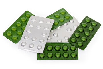 Green blister packs and foil blister packs of pills