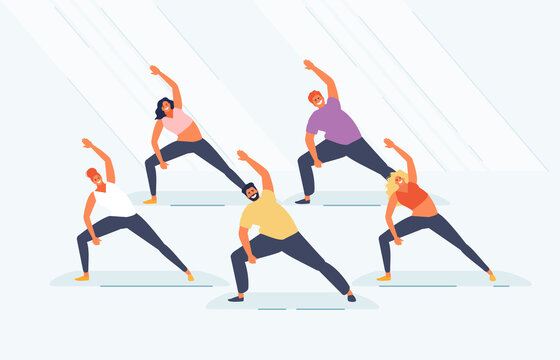 Sports group of people fitness training in the gym. Healthy lifestyle and weight loss vector illustration