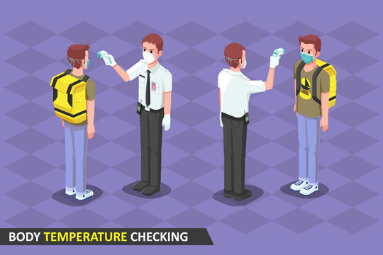 Isometric Illustration, Security checking body temperature with thermogun 1