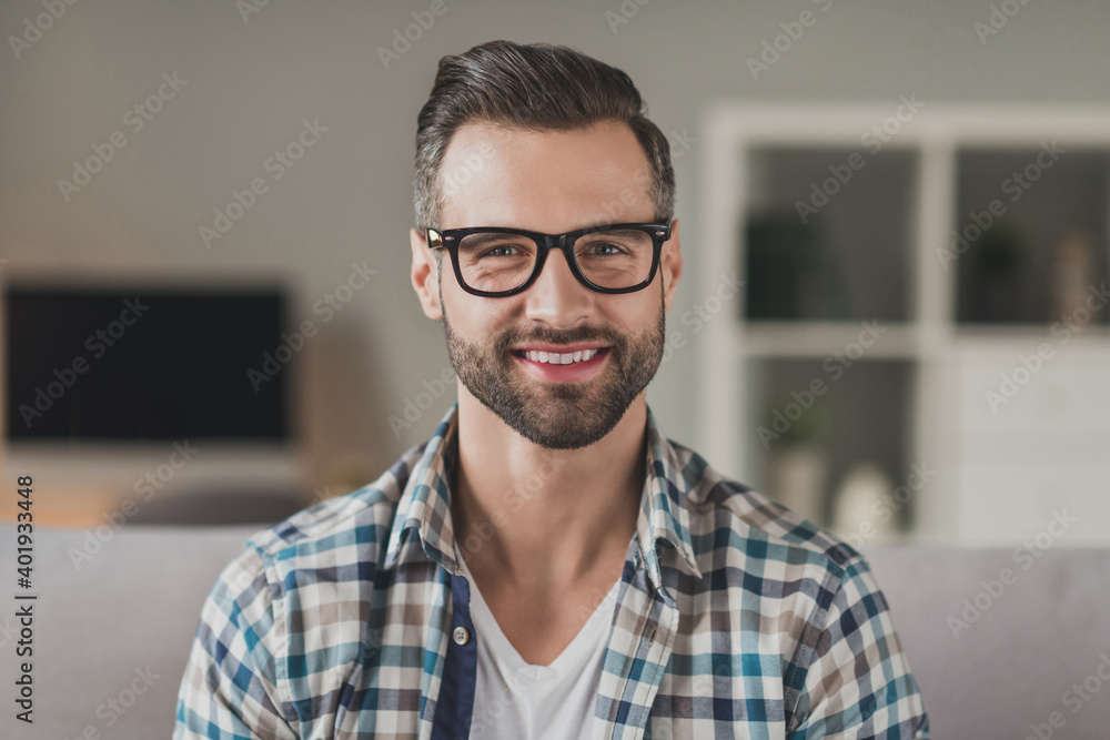 Wall mural Photo of young handsome cheerful stubble man happy positive smile confident wear casual outfit indoors