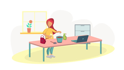 Girl at home plants seeds in a flowerpot. A woman watches a video lesson on planting plants on a laptop. Isolation. Hobby. Vector