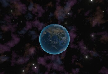 濃い星雲が漂う宇宙の中の地球