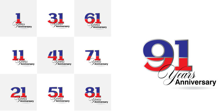 set 1, 11, 21, 31, 41, 51, 61, 71, 81, 91 Year Anniversary celebration Vector Template Design Illustration