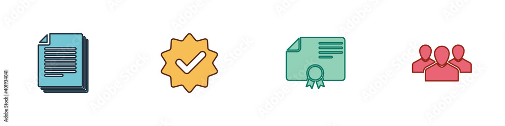 Aufkleber set document, approved and check mark, certificate template and users group icon. vector.