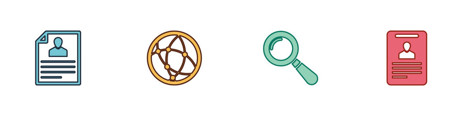 Set Resume, Social network, Magnifying glass and Identification badge icon. Vector.