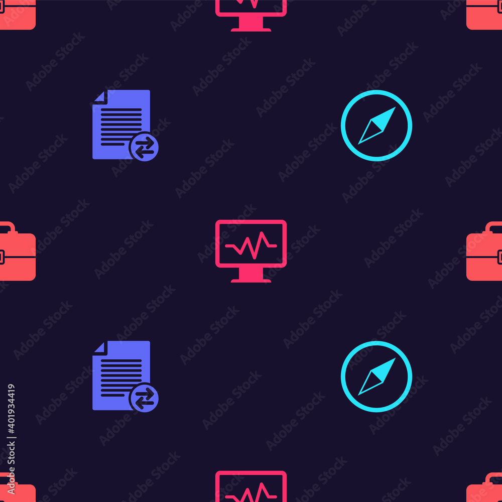 Poster set wind rose, transfer files, monitor with cardiogram and toolbox on seamless pattern. vector.