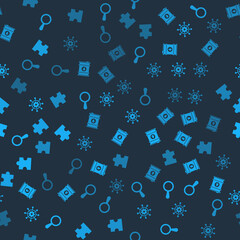 Set Magnifying glass, Barrel oil, Project management and Piece of puzzle on seamless pattern. Vector.