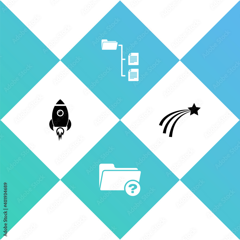 Poster set rocket ship with fire, unknown directory, folder tree and falling star icon. vector.