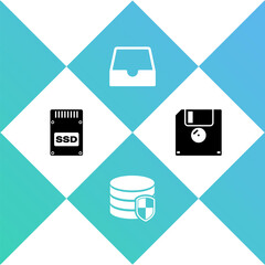 Set SSD card, Database protection, Social media inbox and Floppy disk icon. Vector.