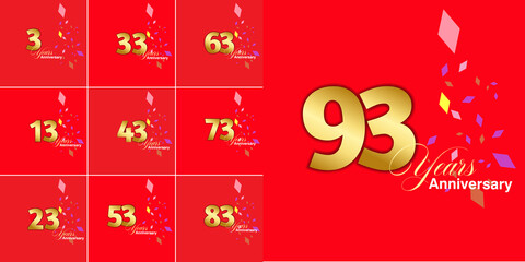 set 3, 13, 23, 33, 43, 53, 63, 73, 83, 93 Year Anniversary celebration Vector Template Design Illustration