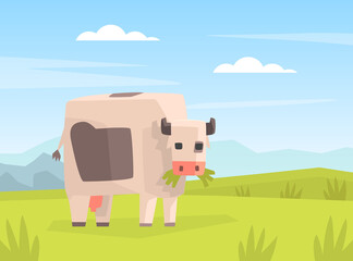 Pixel Cow Grazing in Meadow, Cute Farm Animals on Summer Landscape Cartoon Vector Illustration