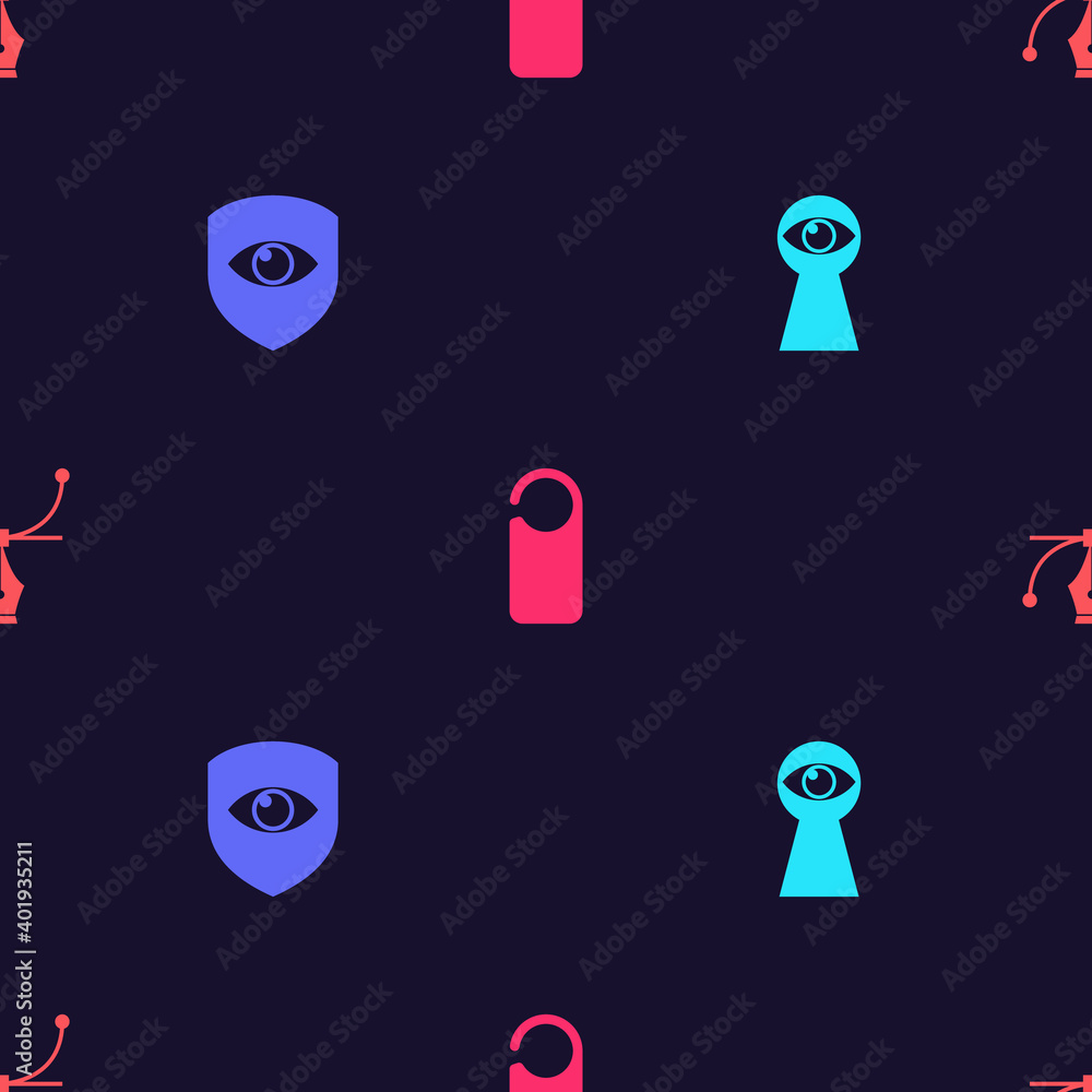 Poster set keyhole with eye, shield and, please do not disturb and bezier curve on seamless pattern. vector