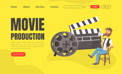 Movie Production Landing Page Template, Cinematography, Filmmaking Industry Website Interface Flat Vector Illustration