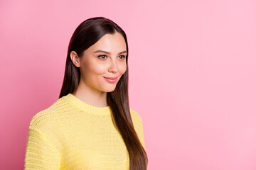 Fototapeta premium Photo of pretty shiny young lady wear casual yellow outfit looking empty space isolated pastel pink color background