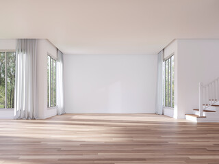Modern style empty house interior with blank white wall 3d render,There are white paint walls,wooden floors  with large windows overlooking nature view.