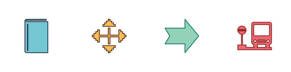 Set Book, Pixel arrows in four directions, Arrow and Bus stop icon. Vector.