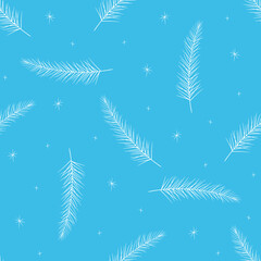 Fir spruce sprig and stars sparkles seamless pattern. Hand drawn doodle sketch symbol of christmas and new year holidays. Winter festive background. Stock vector illustration.